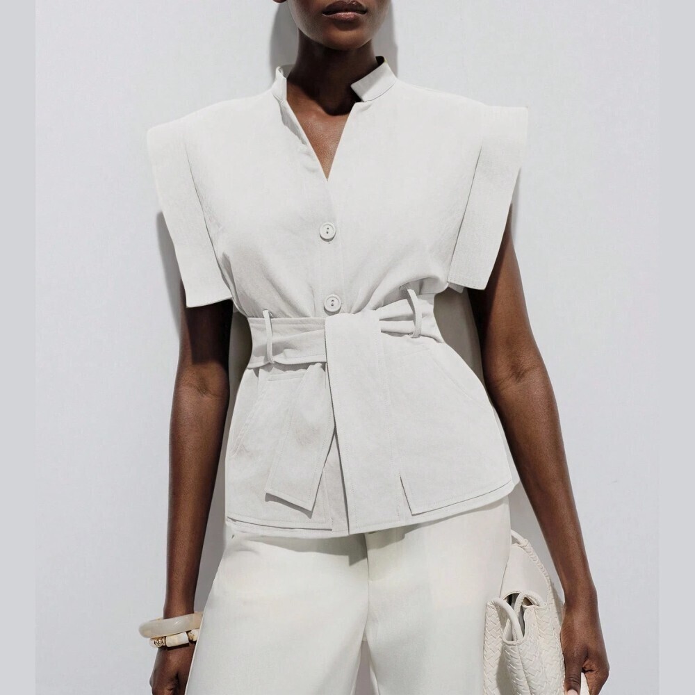 Ivory Structured Shoulder Belted Blouse